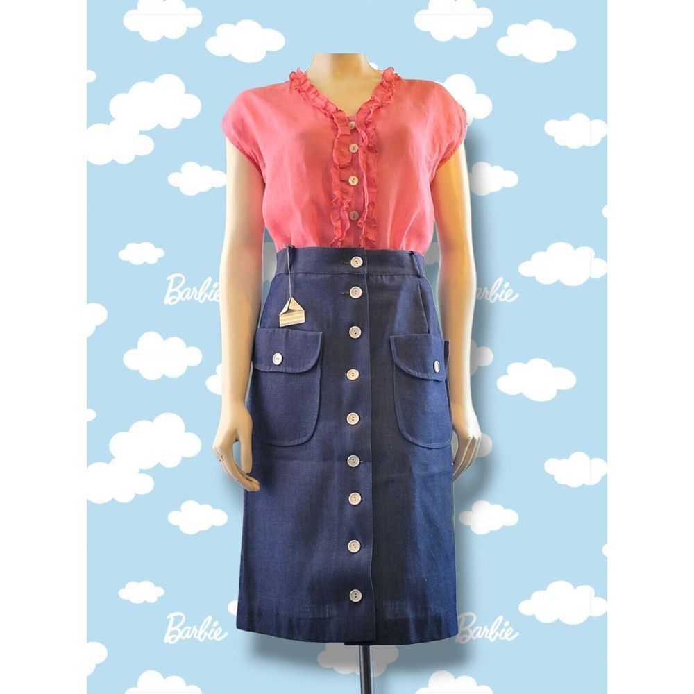 Vintage 60s S/M denim button front skirt & pink‎ linen sleeveless Klein blouse